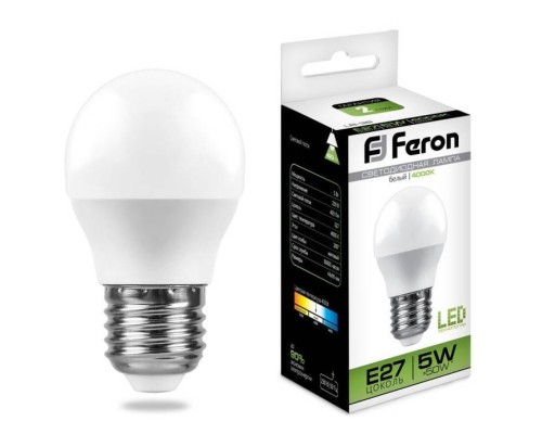 Лампа LED шар(G45) Е27  5Вт 4000К 230V LB-38 Feron 25405