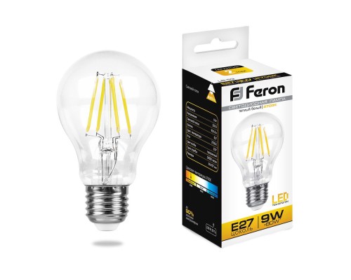 Лампа LED шар(A60) Е27  9Вт 2700К теплый филамент LB-63 Feron (25631)