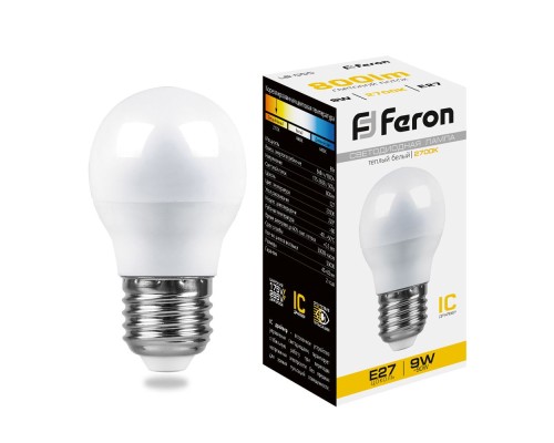 Лампа LED шар(G45) Е27  9Вт 2700К 230V LB-95 Feron