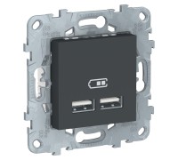 Unica New антрацит Розетка USB-заряд. 5В, 1,05А+2,1А с суппортом