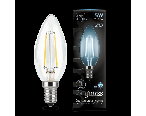 Лампа LED свеча(C37) Е14  5Вт 4100К филамент 230V Gauss