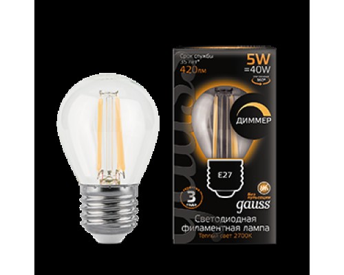Лампа LED шар(G45) Е27  5Вт 2700К Филамент 230V DIM диммируемая Gauss Black