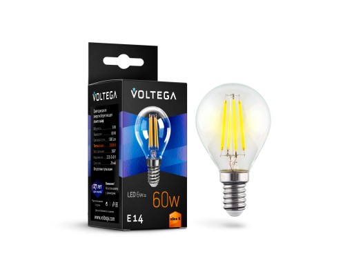 Лампа LED шар(G45) Е14  6Вт 2800К филамент VOLTEGA