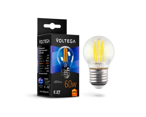 Лампа LED шар(G45) Е27  6Вт 2800К филамент VOLTEGA